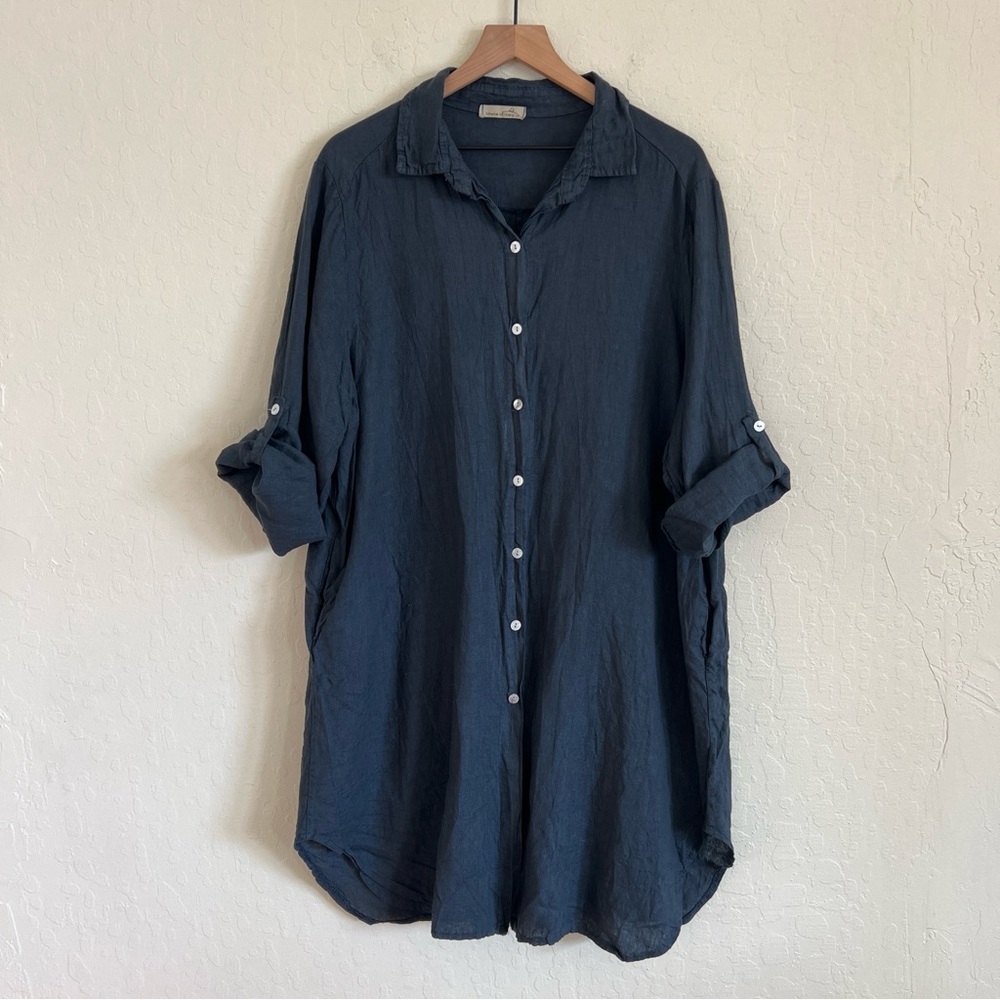 Made In Italy 100% Linen Button Front Roll Tab Sleeve Shirt Dress XL Navy Blue